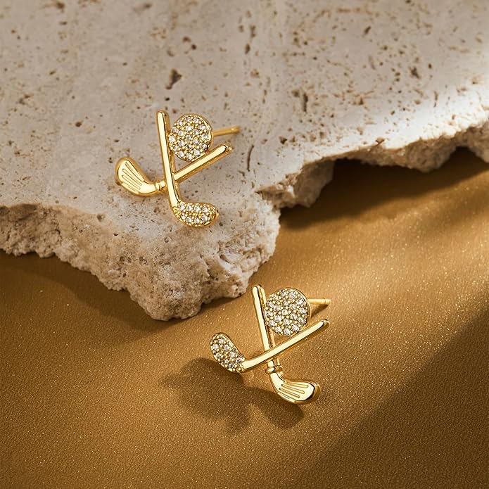 Golf Stud Earrings for Women Silver Gold Gifts Cubic Zirconia Flat Back Hypoallergenic Club Cute Dainty Player Fan Tournament Fashion Unique Accessory Small Birthday Novelty Sports Jewelry