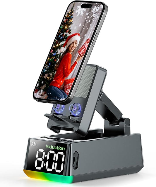 Bluetooth Speaker Birthday Gift for Men:Induction Cell Phone Stand HD Sound Valentines Gifts For Him Her Adult Teen,Anti-Slip Phone Holder Kitchen Gadget Women Mom Wife,Dad Husband Boyfriend(Gray)