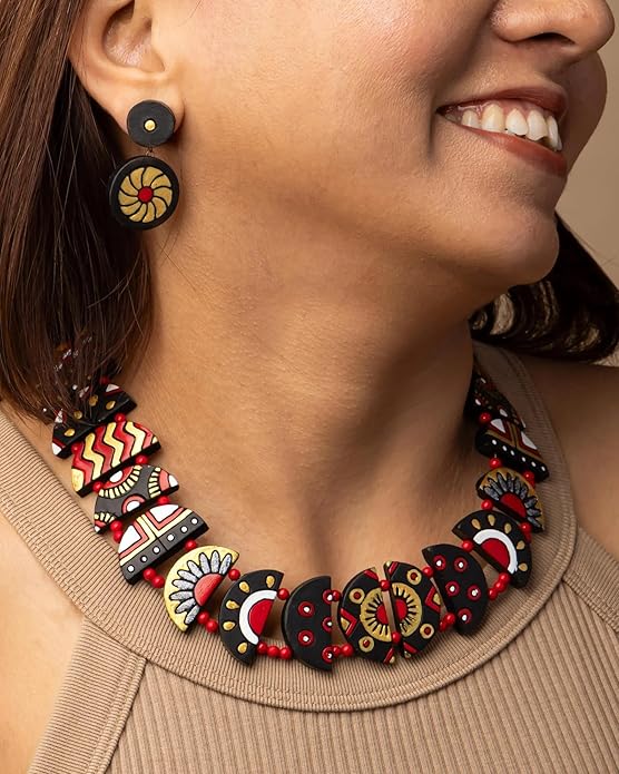 Celestial Creations Handmade Terracotta Necklace and Earrings Set – Boho Tribal Statement Jewelry for Women, Eco-Friendly Festival & Party Wear Gift