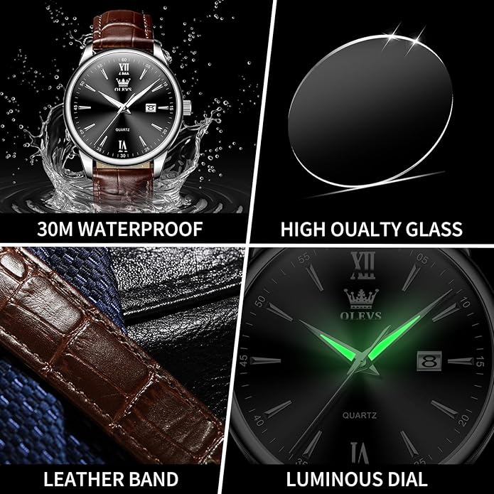 OLEVS Men Leather Watch,Mens Wrist Watches,Big Face Watches for Men,Leather Band Watches for Men,Day Date Watches for Men,Waterproof Watches for Men,Men Classic Watch,Reloj para Hombres
