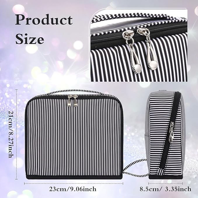 Striped Makeup Bag Large Cosmetic Bags for Women Gift with Brush Loops Mesh Pocket Wrist Strap Travel Organizer Storage Pouch Toiletry Case with Divider for Mirror(Black)