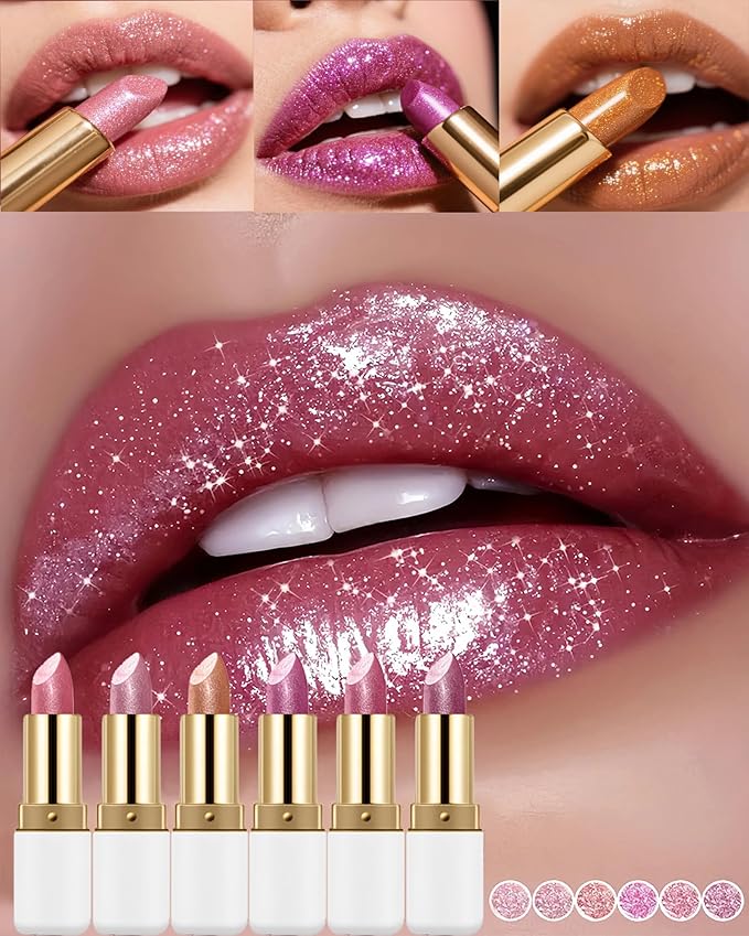 6 Pcs Glitter Lipstick Brown Nude Pink Purple Red Sets,Matte Shimmer Light to Dark Color for Women Long Lasting 24 Hours Lip Gloss, Sparkling Shiny Waterproof Lip Stick Christmas labiales Makeup Gift