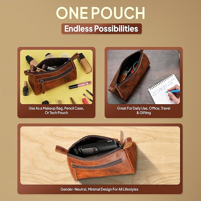 Leather Makeup Bag Small Cosmetics Case for Purse Multipurpose Zippered Pouch for Travel Compact Leather Stationary Organizer Pencil Pouch Gift for Everyday Use