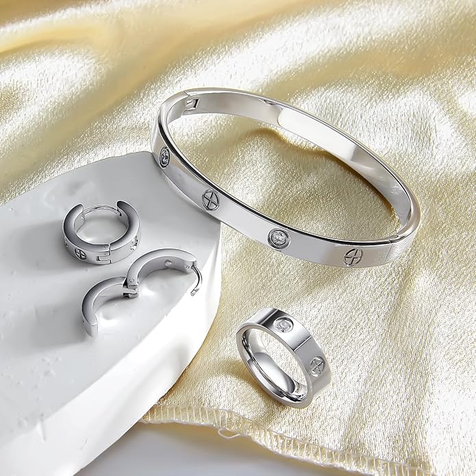 3 Pcs Hoop Earrings Bracelets Ring Sets for Women-18K Gold Plated Love Bracelet Cubic Zirconia Cuff Bangle Hoop Earrings Friendship Love Ring Jewelry Set,Wedding Party Christmas Valentine's Day Birthday Gifts for Her Girlfriend Sister Daughter