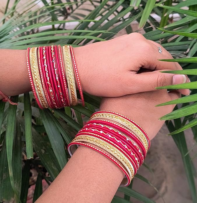 Touchstone Indian Metal Bangles for Women Gold Alloy Bracelets desi 2 Dozen Bangle Collection Bollywood Women's Jewelry Set Multi Stacking Wide Chunky Textured Golden Set of 24 in Gold or White Tone