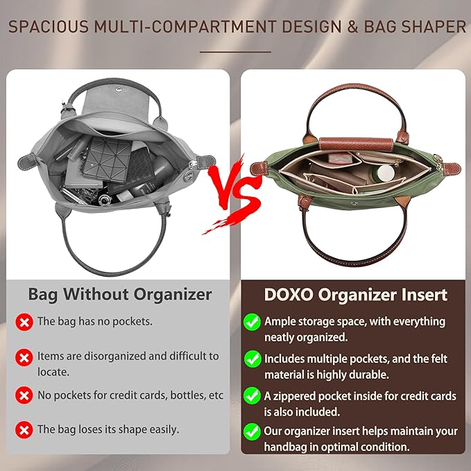 Doxo Purse Organizer Insert for Longchamp Le Pliage Tote, Large Bag Organizer with 8 Compartments, YKK Zipper Pocket Cup Holder, Handbag Shaper for Women, Fits Original/Green/Energy L Tote (Black, WL)