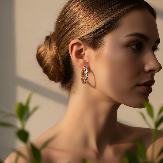 Chunky Blue and White Porcelain Hoop Earrings for Women – Hand-Painted Statement Earrings with 18K Gold, Artistic Vintage Jewelry, Luxury Gift (Cerulean)