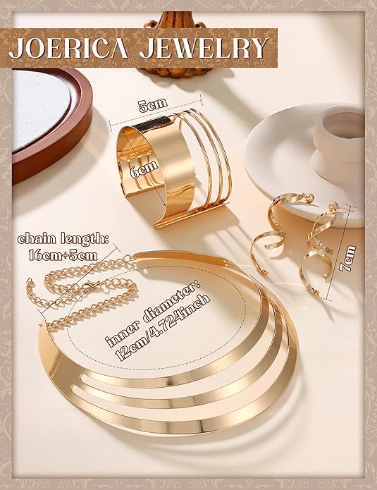 JOERICA Bib Choker Necklace Set for Women Wide Cuff Bangle Bracelets Long Statement Dangle Earrings African Costume Jewelry Set