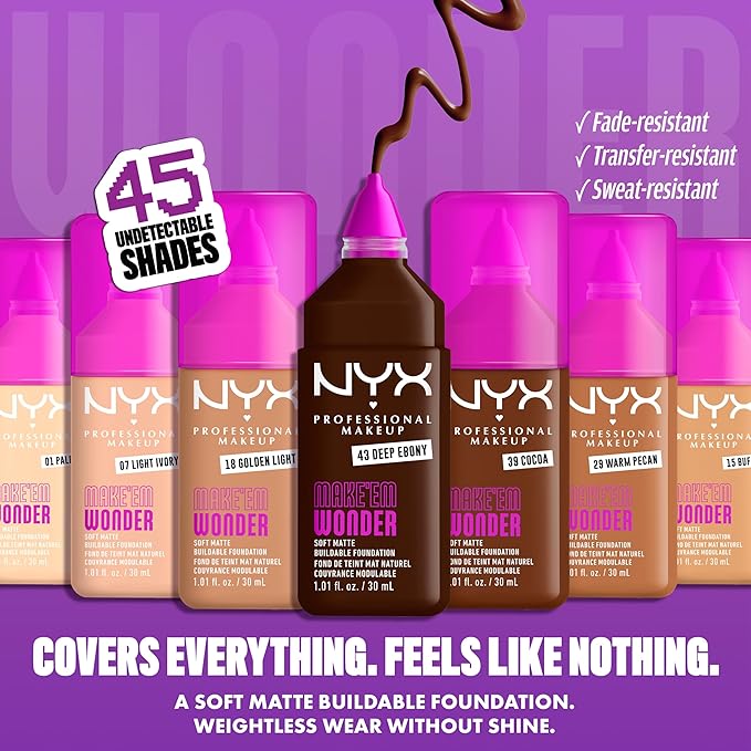 NYX PROFESSIONAL MAKEUP Make 'Em Wonder Liquid Foundation, 24HR Foundation Makeup With A Soft Matte Finish, Buildable Full Coverage - 04 Cool Porcelain