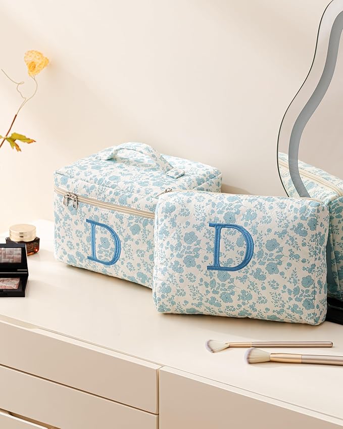 HBselect 2Pcs Initial Quilted Cotton Large Travel Cute Floral Coquette Makeup Cosmetic Toiletry Bag for Women Girls