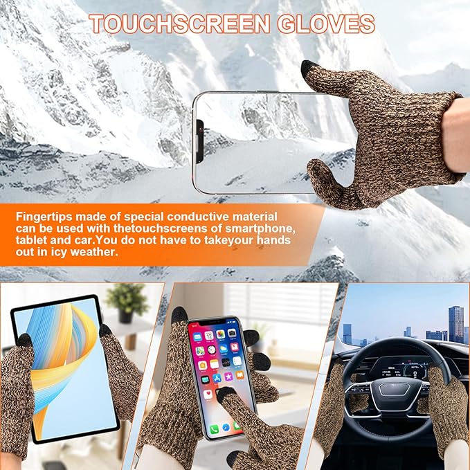 3PCS Winter Beanie Hat Scarf Touchscreen Gloves Set for Men and Women, Knitted Fleece Lined Hats Thermal Gloves Long Scarf