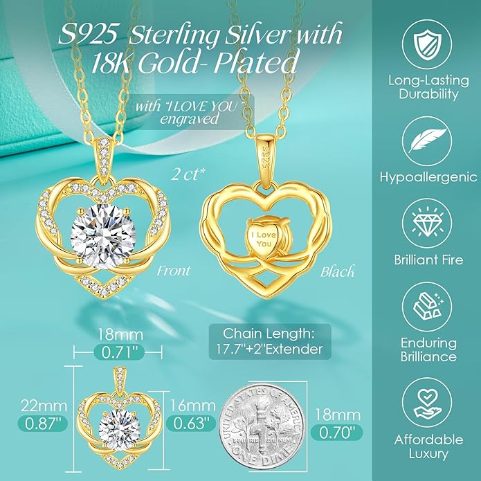 OOBEE Moissanite Heart Necklace for Women 925 Sterling Silver Fine Jewelry, Ideal Birthday Anniversary Christmas Gift for Women Wife Mom Girlfriend