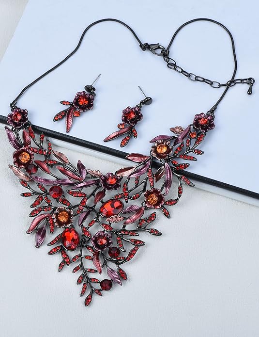Vintage Women Beautiful Crystal Flower Enamel Blossom Flower Collar Bib Statement Necklace and Earrings Set for Women Wedding Bridal Prom