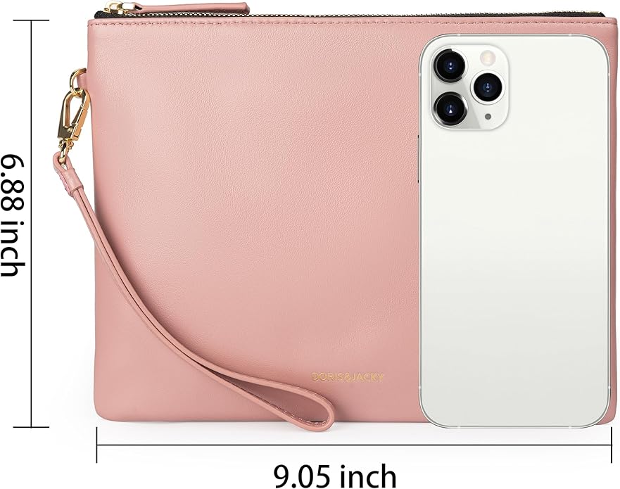 DORIS&JACKY Lambskin Leather Wristlet Clutch Purse for Women Soft Designer Slim Cell Phone Pouch Bag with Detachable Strap