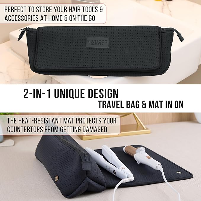 BAREFOOT CARIBOU Hair Tools Travel Bag and Heat Resistant Mat for Flat Irons, Straighteners, Curling Iron, and Haircare Accessories, 2-in-1 design, with Interior Pockets, Portable Organizer