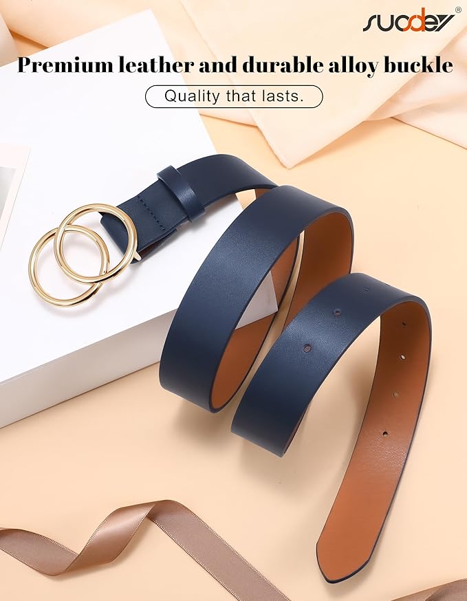 SUOSDEY Women Leather Belt Fashion Double O-Ring Soft Faux Leather Waist Belts For Jeans Dress