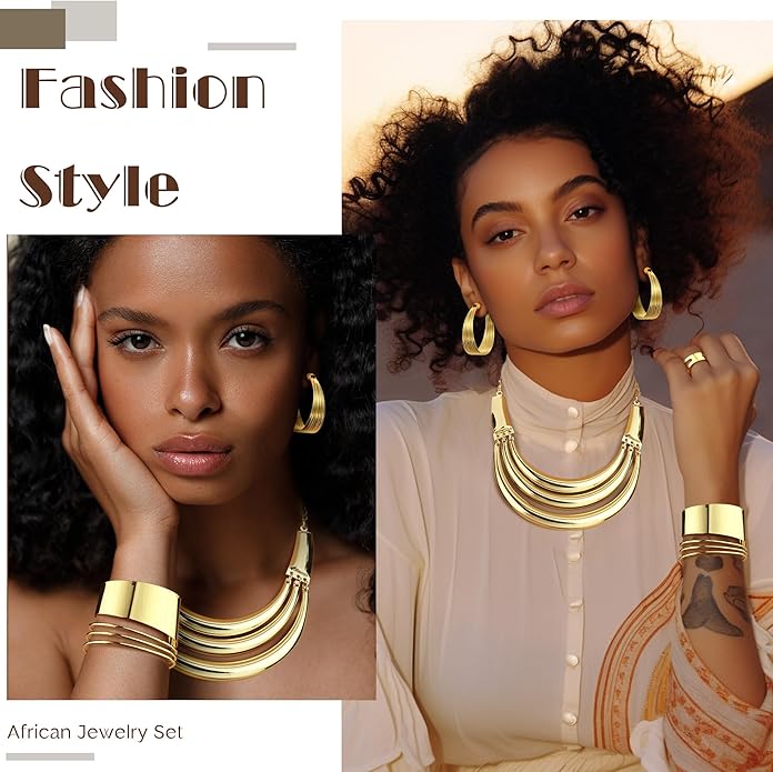 JOERICA Bib Choker Necklace Silver Gold Jewelry Set Wide Cuff Bangle Bracelet Open Hoop Earrings Adjustable Ring Chunky Silver Gold Statement Costume Jewelry Set for Women
