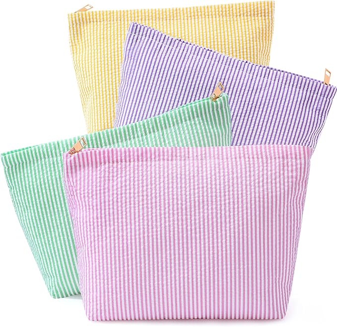 Sanwuta 4 Pcs Seersucker Cosmetic Bag Seersucker Makeup Bag Women Stripe Large Travel Toiletry Organizer Preppy Storage Pouch for Wedding Bridesmaid Bride Mom (Pink, Green, Yellow, Purple)
