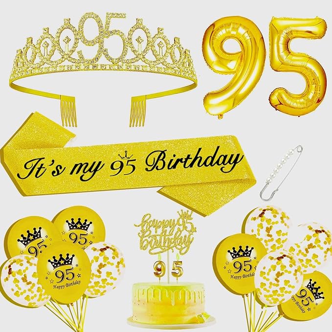 95th Birthday Decorations for Her Girls Set, Include 95th Birthday Crown and 95 Sash, 95th Birthday Cake Topper and 95 Birthday Candles, Gold 95 Balloons, Women 95th Party Supplies(Gold)