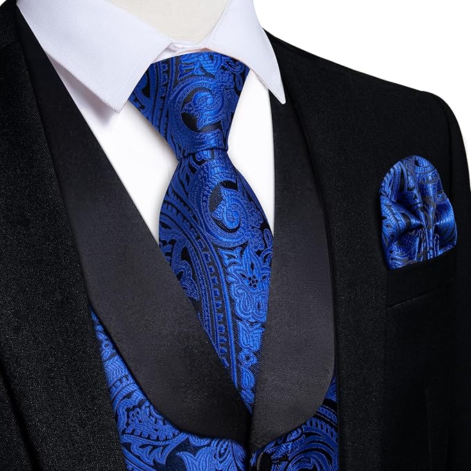 DiBanGu Mens Paisley Suit Vest Silk Jacquard Waistcoat and Necktie Set Formal Shawl Collar Dress Vest 7PCS for Wedding Party