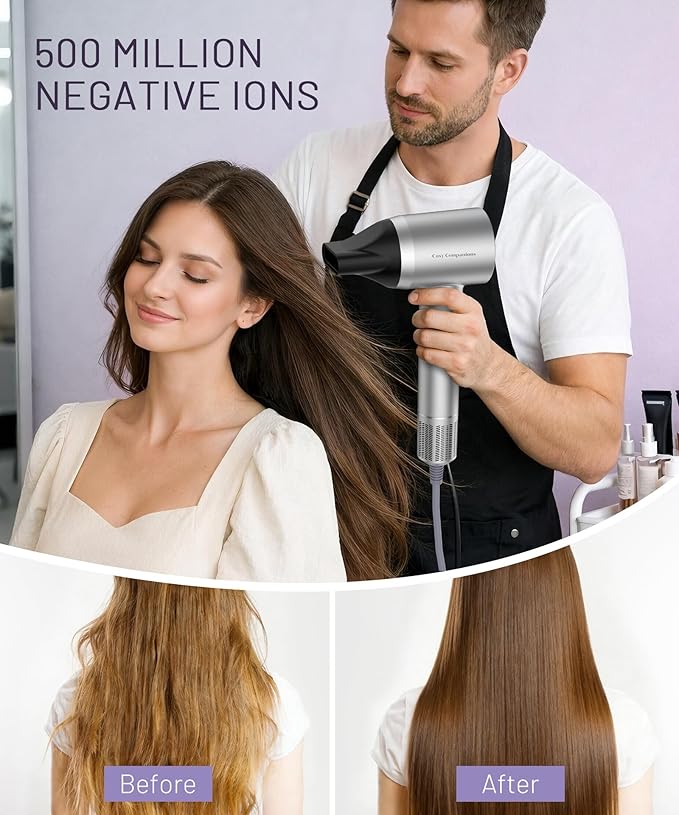 Cosy Companions Hair Dryer - 150000 RPM High-Speed Brushless Motor Negative Ionic Blow Dryer for Fast Drying, Low Noise Thermo-Control Hair Dryer with Diffuser and Nozzle, Silvery