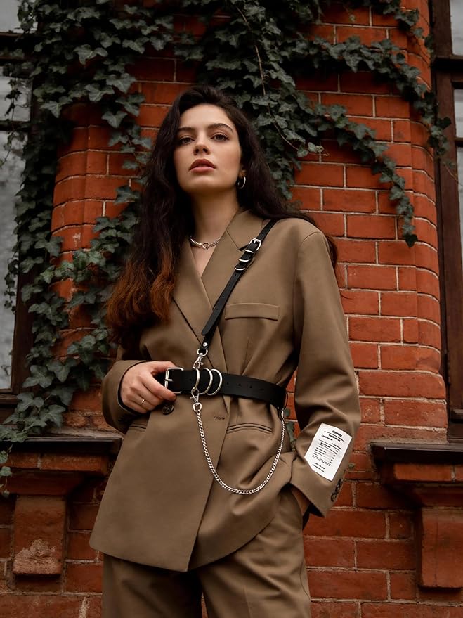 Women's Adjustable Faux Leather Double O-Ring Belt with Detachable Chain, Fashion Waist Belt, Two Wearing Styles, Chic Alloy Hardware, Fit Waist 21.5-36.0in