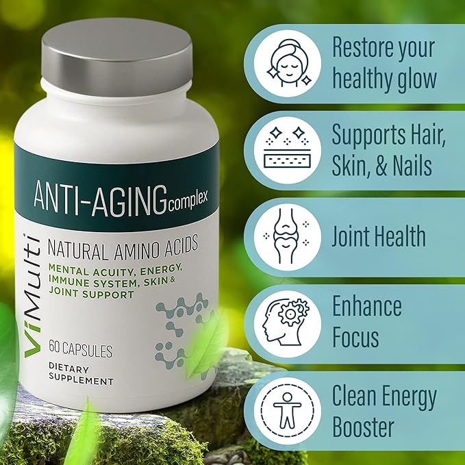 Anti-Aging Natural Amino Acids Supplement for Women & Men – Supports Immune Health, Energy, Smoother Skin Tone, & Restorative Sleep, Anti-Aging Supplement Pills for Longevity, 60 Capsules
