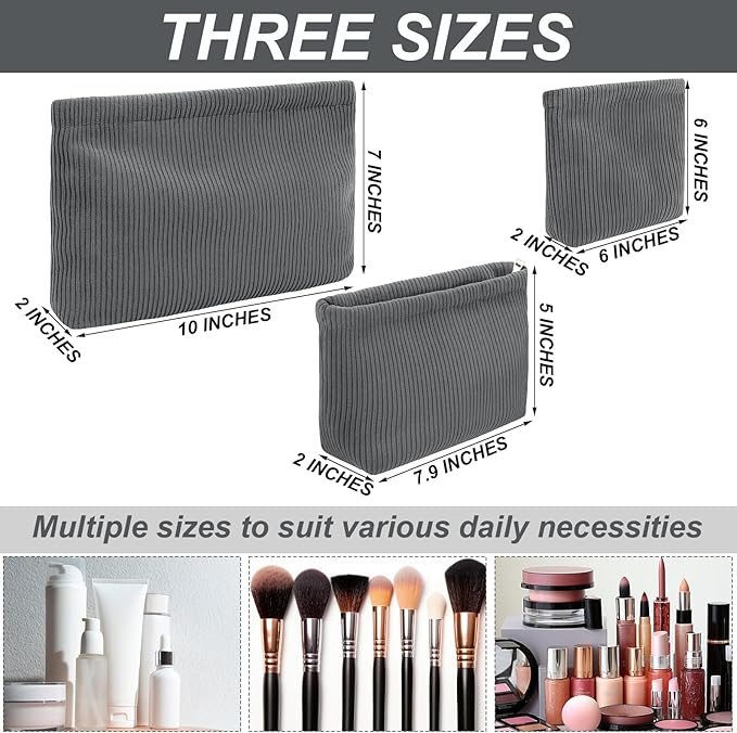 Sanwuta 3 Pack Corduroy Makeup Bag Set Cosmetic Toiletry Travel Pouch Organizer Velvet Makeup Bag for Women Large Pouch Zipper Purse Make up Organizer, Women Girls Gift(Gray)