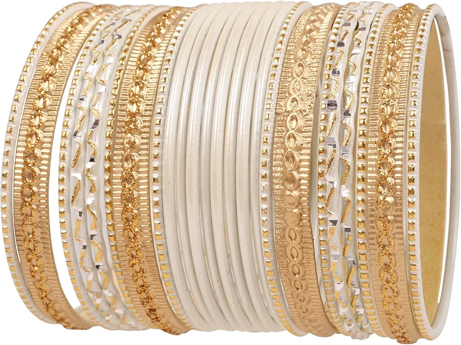 Touchstone Indian Metal Bangles for Women Gold Alloy Bracelets desi 2 Dozen Bangle Collection Bollywood Women's Jewelry Set Multi Stacking Wide Chunky Textured Golden Set of 24 in Gold or White Tone
