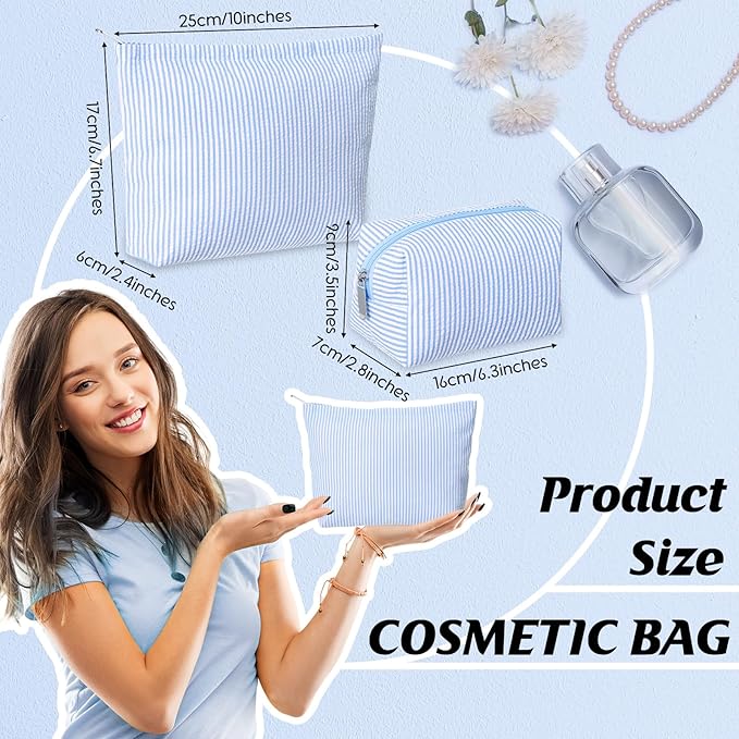 2 Pieces Makeup Bag Set Cute Cosmetic Pouch for Women Seersucker Travel Toiletry Bag Preppy Small Makeup Purse Pouch Aesthetic Skincare Brushes Storage Organizer for Christmas Women(Blue)