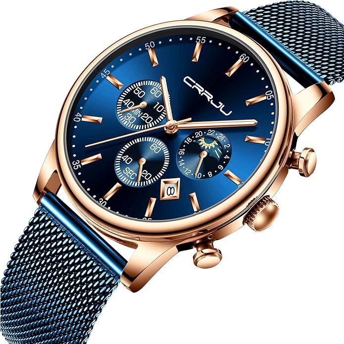 CRRJU Men's Fashion Casual Watches Auto Date Chronograph Watch Men Nice Work Watches Waterproof 30M Full Steel Quartz with Mesh Strap