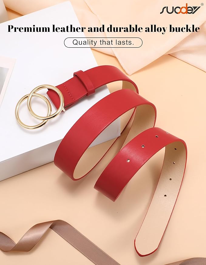 SUOSDEY Women Leather Belt Fashion Double O-Ring Soft Faux Leather Waist Belts For Jeans Dress