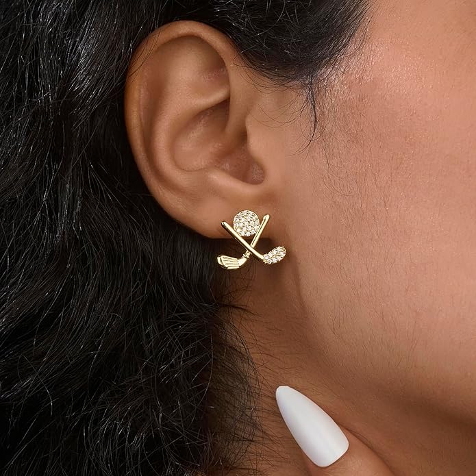 Golf Stud Earrings for Women Silver Gold Gifts Cubic Zirconia Flat Back Hypoallergenic Club Cute Dainty Player Fan Tournament Fashion Unique Accessory Small Birthday Novelty Sports Jewelry