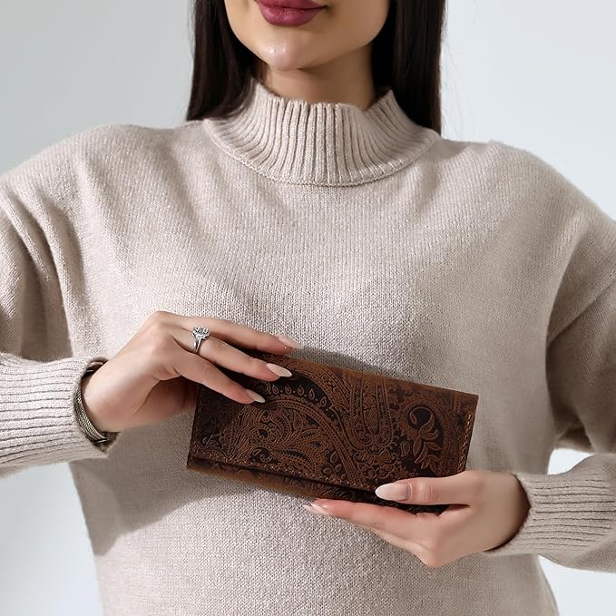 Genuine Leather Handmade Wallet for Women Large Capacity Credit Card Holder Ladies Bifold Long Clutch Handbag Slim Minimalist Western Purse with Zipper Pocket