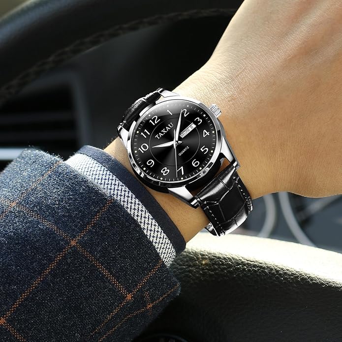 Men's Watch Big Face Easy Read Arabic Numeral Dress Watches for Men Classic Black Brown Leather Band Analog Mens Wrist Watch with Day and Date Fashion Business Waterproof Luminous Quartz Watch