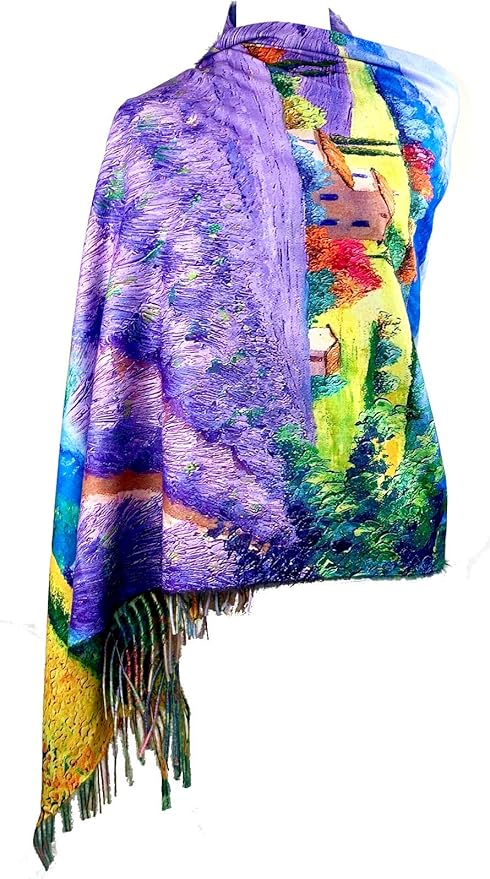 Plum Feathers Super Soft Cashmere Feel Double Sided Reversible Art Shawl Scarf Van Gogh Monet Klimt Inspired