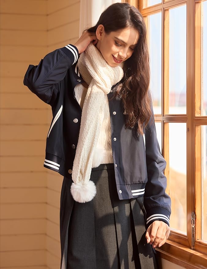 Womens Chenille Scarf with Pompom Winter Knit Warm Scarves for Cold Weather with Gift Box