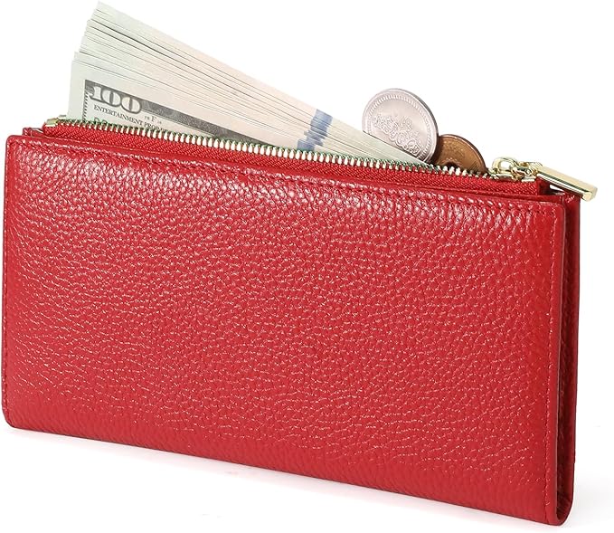 Slim Blue Wallet for Women, RFID Blocking Genuine Leather Bifold with Secure Zippered Coin Pocket (Red)