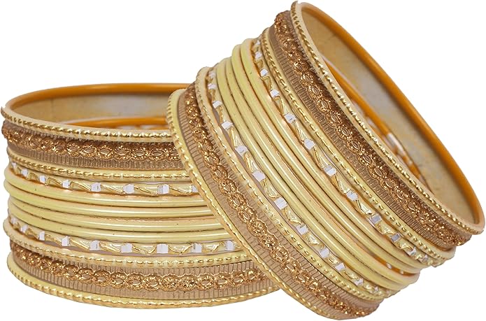Touchstone Indian Metal Bangles for Women Gold Alloy Bracelets desi 2 Dozen Bangle Collection Bollywood Women's Jewelry Set Multi Stacking Wide Chunky Textured Golden Set of 24 in Gold or White Tone