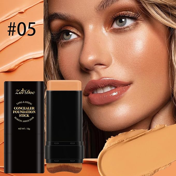 Concealer Foundation Stick, 2-in-1 Long-Lasting Foundation and Concealer with Brush, Creamy Full Coverage for Dark Circles & Blemishes, Hydrating Olive & Camellia, 2.09 Oz (05#)