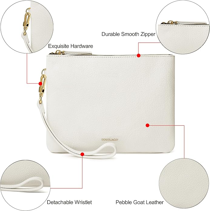 DORIS&JACKY Lambskin Leather Wristlet Clutch Purse for Women Soft Designer Slim Cell Phone Pouch Bag with Detachable Strap