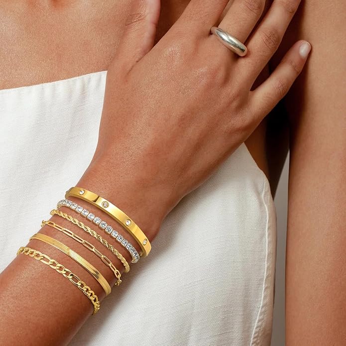 Gold Bracelets for Women Non Tarnish, Dainty 18K Gold Plated Bracelets Stack Trendy Waterproof Stackable Bangles, Cuban Link Paperclip Chain Jewelry Set Fashion Accessories Gifts for Women