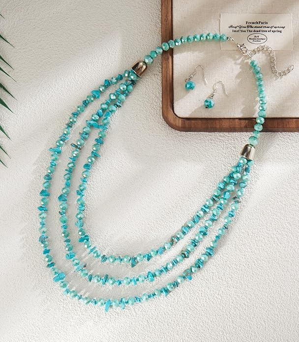 Layered Beaded Statement Necklace Multi Strand Crystal Beads Collar Necklace and Earring Sets for Women Fashion Costume Jewelry Set Gifts for Her