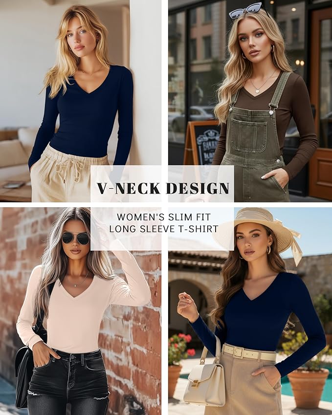 Ficerd 3 Pack Women's Long Sleeve Shirts, V Neck Basic Tees Slim Fitted Casual Fall Tops Going Out Blouses T Shirts
