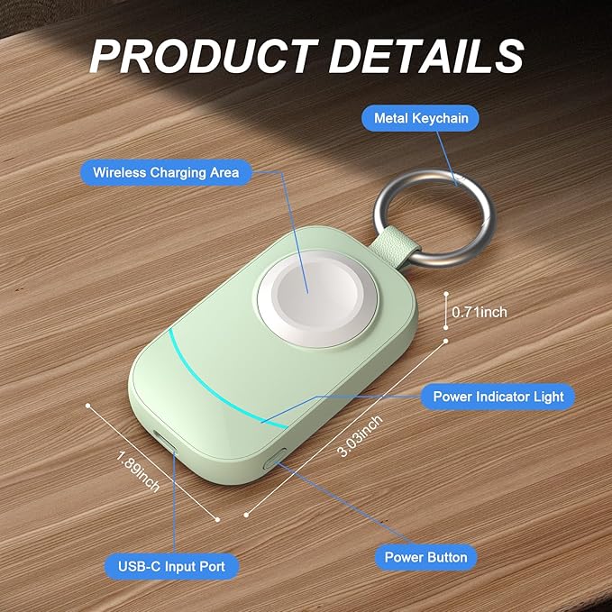 Portable Travel Charger for Apple Watch Series 11-2500mAh Wireless Keychain Charger for Apple Watch Series 10/9/8/7/6/5/4/3/2/UItra 2/UItra 3/SE 2/SE 3 Green