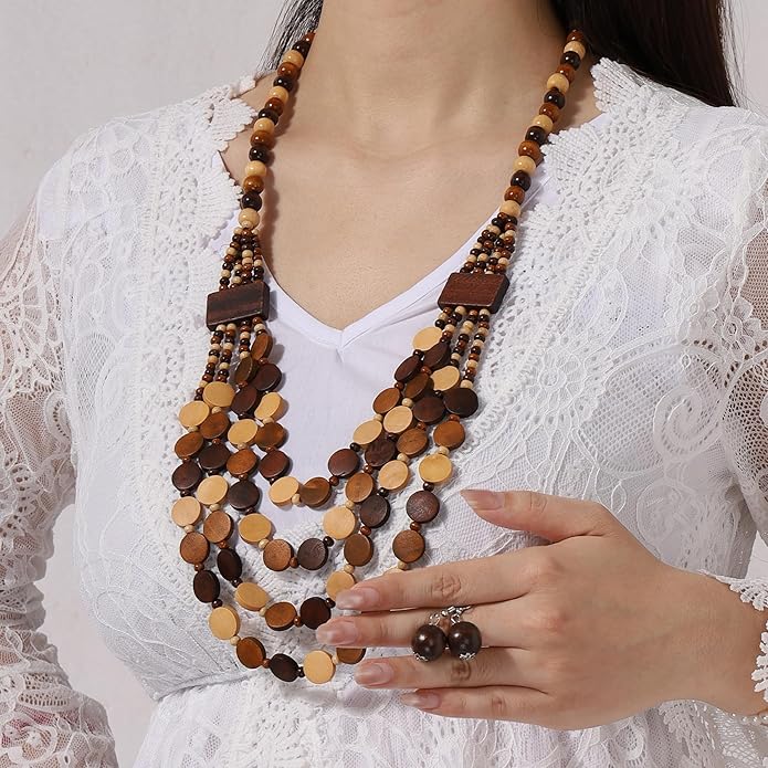MILAKOO Wood Beads Necklace & Earrings for Women Chunky Multi-Layering Choker Necklace Ear Pendant