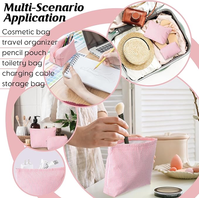 2 Pieces Makeup Bag Set Cute Cosmetic Pouch for Women Seersucker Travel Toiletry Bag Preppy Small Makeup Purse Pouch Aesthetic Skincare Brushes Storage Organizer for Christmas Women(Rose Pink)