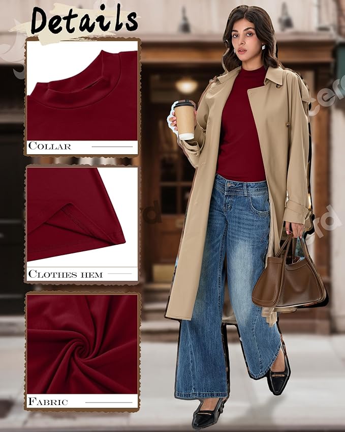 Ficerd 3 Pack Women's Mock Turtleneck Shirts, Long Sleeve Mock Neck Pullover Tops Slim Fitted Stretch Undershirt Tee Blouse