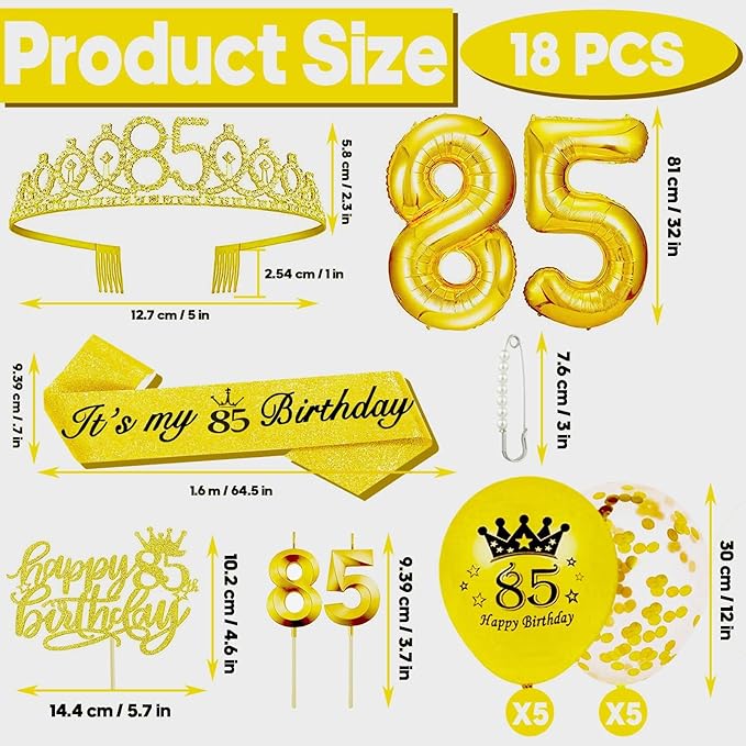 85th Birthday Decorations for Her Girls Set, Include 85th Birthday Crown and 85 Sash, 85th Birthday Cake Topper and 85 Birthday Candles, Gold 85 Balloons, Women 85th Party Supplies(Gold)