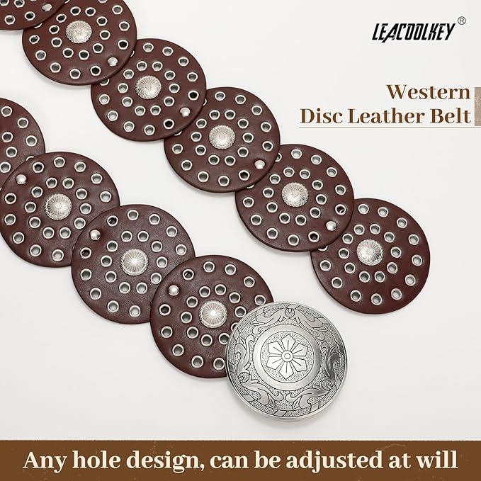 LEACOOLKEY Women's Boho Disc Belt Wide Western Leather Belt Vintage Concho Waist Belts for Dress Jeans